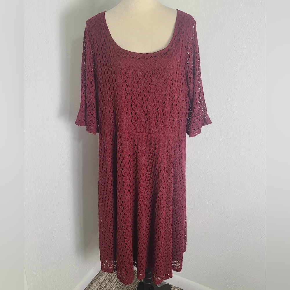 Siren Lily Burgundy Lace Crochet Dress, Bell Sleeves, Size 3X